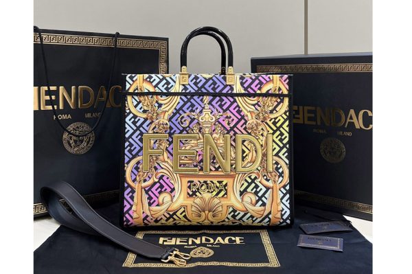 Replica Fendi & Versace 8BH372 Fendace Sunshine Large Shopper Bag in Fendace Printed Black leather