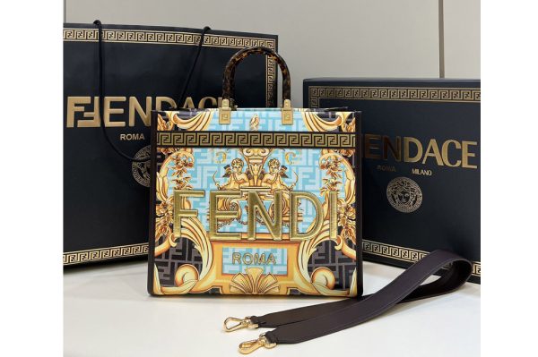 Replica Fendi & Versace 8BH386 Fendace Sunshine Medium Shopper Bag in Fendace Printed Blue leather