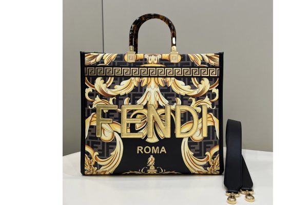 Replica Fendi & Versace 8BH386 Fendace Sunshine Medium Shopper Bag in Fendace Printed Black leather