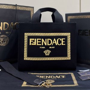 Replica Fendi & Versace 8BH395 Fendace Small Shopping Tote Bag in Fendace Embroidered black canvas