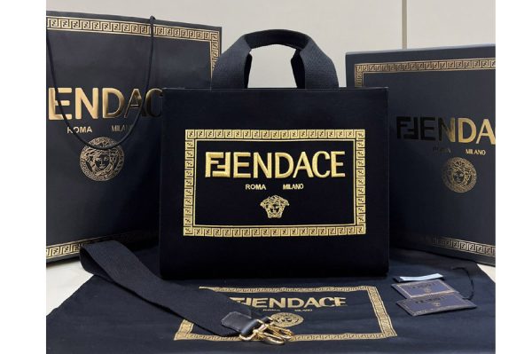 Replica Fendi & Versace 8BH395 Fendace Small Shopping Tote Bag in Fendace Embroidered black canvas