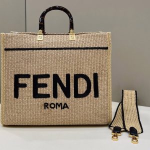 Replica Fendi 8BH386 Medium Sunshine shopper Tote Bag in Beige and black straw