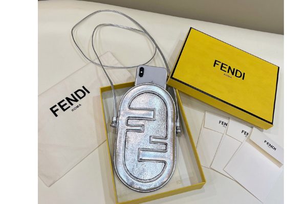 Replica Fendi 7AS055 12 Pro Phone Holder pouch bag in Silver leather