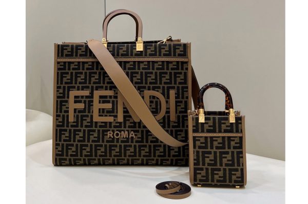 Replica Fendi 8BH372 Sunshine Large Shopper Tote bag in Brown FF jacquard fabric