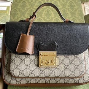 Replica Gucci 644527 Padlock small shoulder bag in Beige and ebony GG Supreme canvas With Black Leahter