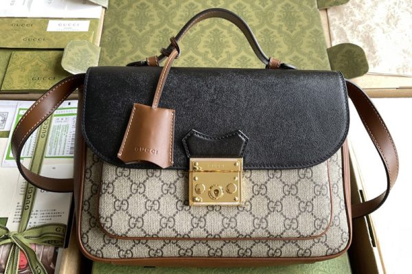 Replica Gucci 644527 Padlock small shoulder bag in Beige and ebony GG Supreme canvas With Black Leahter