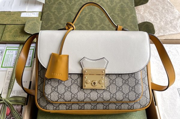 Replica Gucci 644527 Padlock small shoulder bag in Beige and ebony GG Supreme canvas With White Leahter