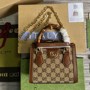 Replica Gucci 675800 Diana mini bag in Camel and ebony GG canvas with crystals