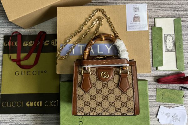 Replica Gucci 675800 Diana mini bag in Camel and ebony GG canvas with crystals