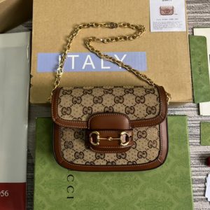 Replica Gucci 675801 Gucci Horsebit 1955 GG mini bag in Camel and ebony GG canvas with crystals