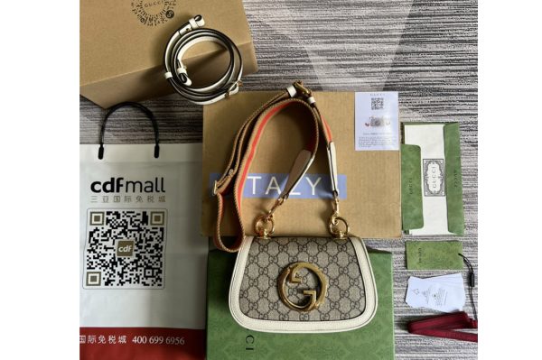 Replica Gucci 698643 Gucci Blondie mini bag in Beige and ebony GG Supreme canvas With White Leather