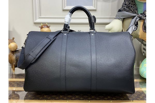 Replica Louis Vuitton M33400 LV keepall bandouliere 50 Travel Bag in Black Taiga leather