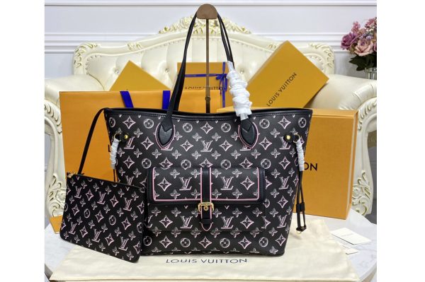 Replica Louis Vuitton M46137 LV Neverfull MM tote bag in Black Monogram coated canvas