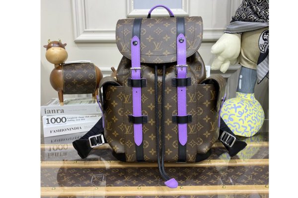 Replica Louis Vuitton M46247 LV Christopher PM Backpack in Monogram Macassar coated canvas and Purple cowhide leather