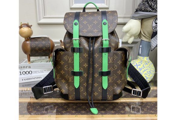 Replica Louis Vuitton M46247 LV Christopher PM Backpack in Monogram Macassar coated canvas and Green cowhide leather