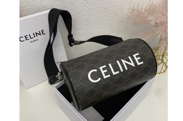 Replica Celine 110052 CYLINDER BAG IN TRIOMPHE CANVAS XL WITH CELINE PRINT With Black Calfskin Leather