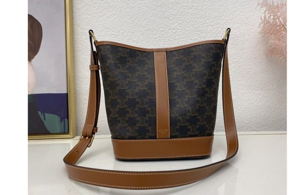 Replica Celine 191132 MEDIUM BUCKET IN TRIOMPHE CANVAS AND TAN CALFSKIN