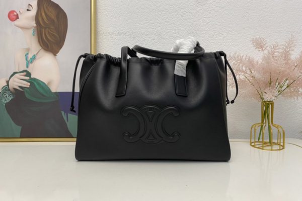 Replica Celine 199973 CABAS DRAWSTRING CUIR TRIOMPHE Bag IN Black SMOOTH CALFSKIN