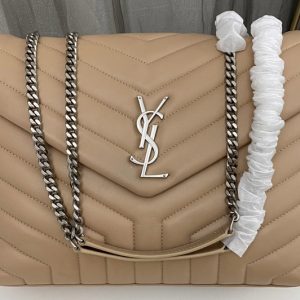 Replica Saint Laurent 459749 YSL Medium Loulou Chain Bag in Apricot Leather With Silver