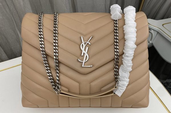 Replica Saint Laurent 459749 YSL Medium Loulou Chain Bag in Apricot Leather With Silver