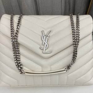 Replica Saint Laurent 459749 YSL Medium Loulou Chain Bag in White Leather With Silver