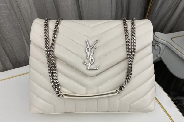 Replica Saint Laurent 459749 YSL Medium Loulou Chain Bag in White Leather With Silver