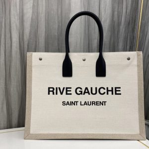 Replica Saint Laurent 499290 YSL RIVE GAUCHE TOTE BAG IN White LINEN AND LEATHER