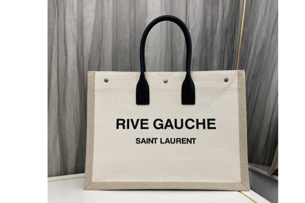 Replica Saint Laurent 499290 YSL RIVE GAUCHE TOTE BAG IN White LINEN AND LEATHER