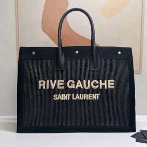 Replica Saint Laurent 499290 YSL RIVE GAUCHE TOTE BAG IN Black LINEN AND LEATHER