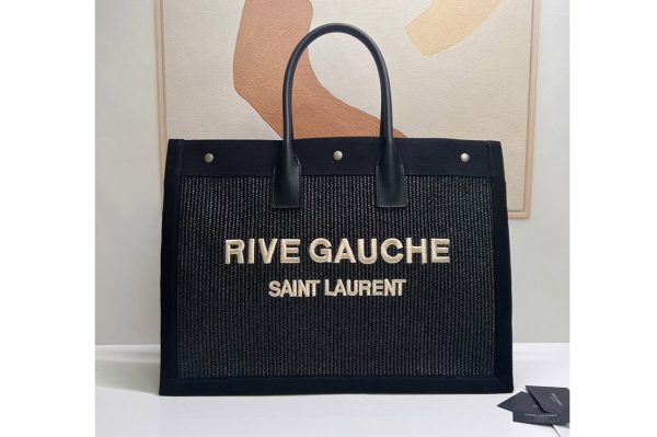 Replica Saint Laurent 499290 YSL RIVE GAUCHE TOTE BAG IN Black LINEN AND LEATHER