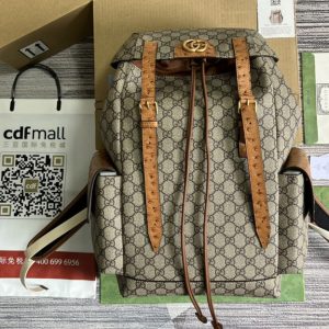 Replica Gucci 710859 ostrich Trim backpack with Double G in Beige and ebony GG Supreme canvas