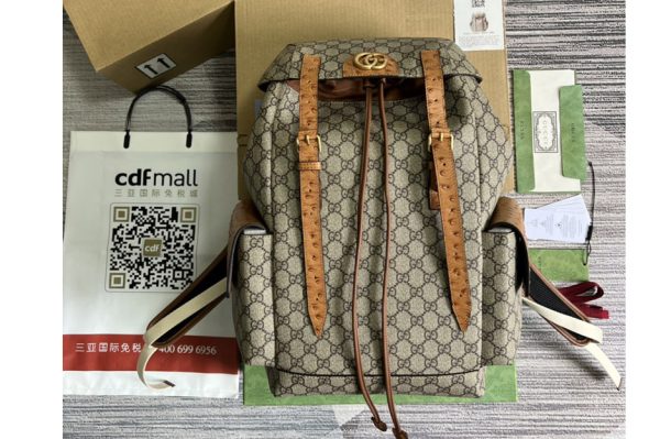 Replica Gucci 710859 ostrich Trim backpack with Double G in Beige and ebony GG Supreme canvas