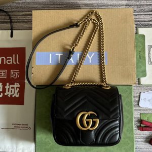 Replica Gucci 739682 GG Marmont mini shoulder bag in Black matelassé chevron leather