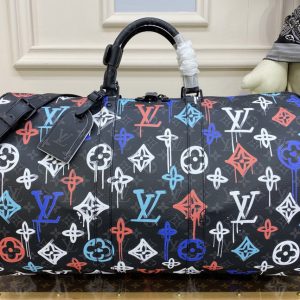 Replica Louis Vuitton M21384 LV Keepall Bandouliere 50 travel bag in Monogram Eclipse canvas with the Monogram Blossoms