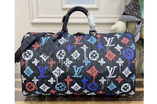 Replica Louis Vuitton M21384 LV Keepall Bandouliere 50 travel bag in Monogram Eclipse canvas with the Monogram Blossoms