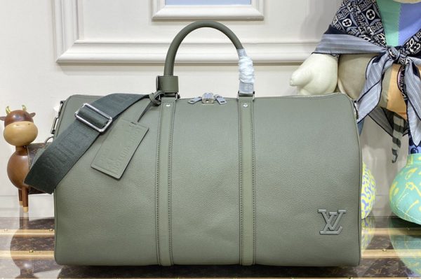 Replica Louis Vuitton M21536 LV keepall bandouliere 50 Travel Bag in Khaki LV Aerogram cowhide leather