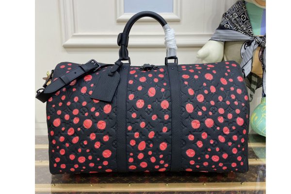 Replica Louis Vuitton M21674 LV LV x YK Keepall 50 travel bag in Black and red Taurillon Monogram cowhide with Infinity Dots print