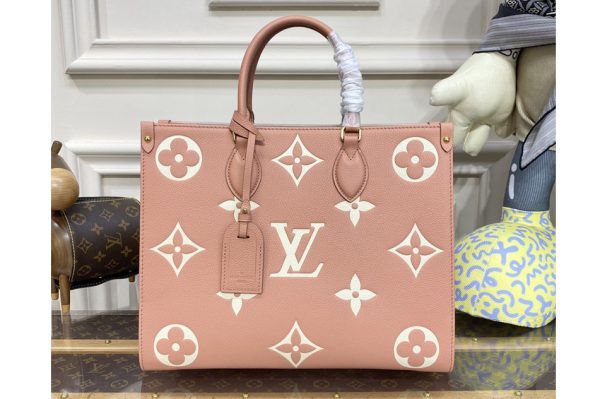 Replica Louis Vuitton M45595 LV Onthego MM tote bag in Pink/Cream Monogram Empreinte leather