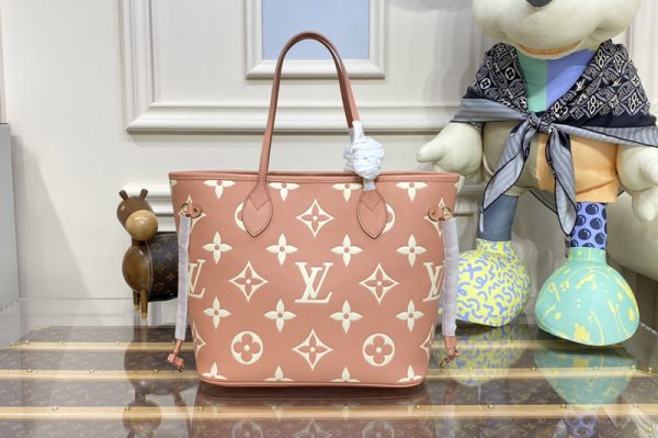 Replica Louis Vuitton M45685 LV Neverfull MM tote bag in Pink/Cream Monogram Empreinte leather