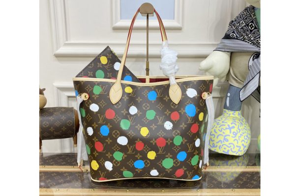 Replica Louis Vuitton M46381 LV LVxYK Neverfull MM tote Bag in Monogram coated canvas with 3D Painted Dots print