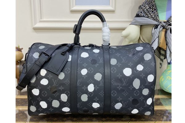 Replica Louis Vuitton M46400 LV LVxYK Keepall 45 Bag in Black and silver Monogram Eclipse coated canvas with 3D Painted Dots print