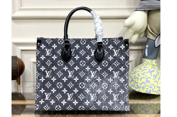 Replica Louis Vuitton M46448 LV OnTheGo MM tote Bag in Gray Denim textile jacquard