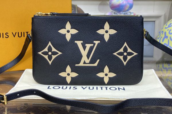 Replica Louis Vuitton M80787 LV Double Zip Pochette Bag in Black and Beige Monogram Empreinte leather