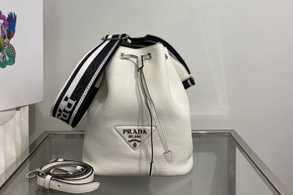 Replica Prada 1BE060 Leather bucket bag in White Leather