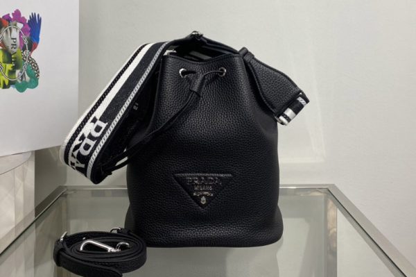 Replica Prada 1BE060 Leather bucket bag in Black Leather