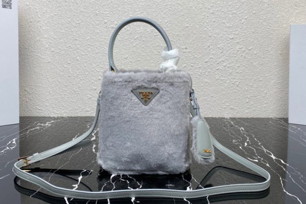 Replica Prada 1BA373 Prada Panier shearling mini-bag in Grey shearling