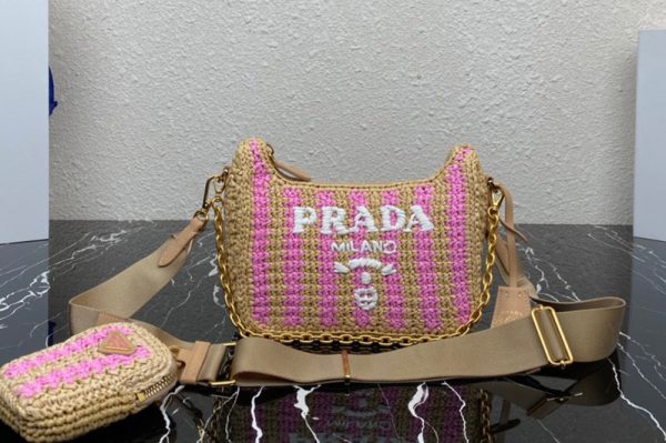 Replica Prada 1BH204 Prada Re-Edition 2005 raffia bag in Tan/Pink