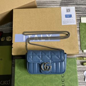 Replica Gucci 476433 GG Marmont leather super mini bag in Blue matelassé leather