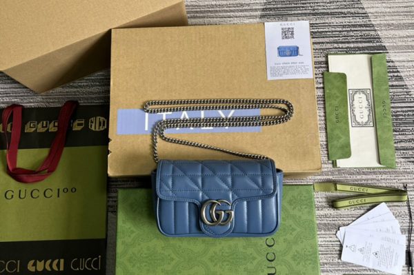 Replica Gucci 476433 GG Marmont leather super mini bag in Blue matelassé leather