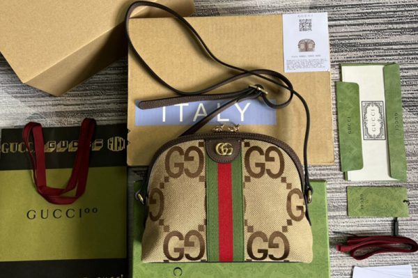 Replica Gucci 499621 Ophidia GG small shoulder bag in Camel and ebony jumbo GG canvas